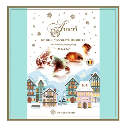 Шоколадные конфеты с начинкой пралине AMERI (Новогодняя мятная упаковка)
